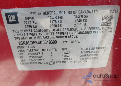 2013 Chevrolet Equinox 1Lt z USA, uszkodzony, nr VIN 2GNALDEK3D6310399